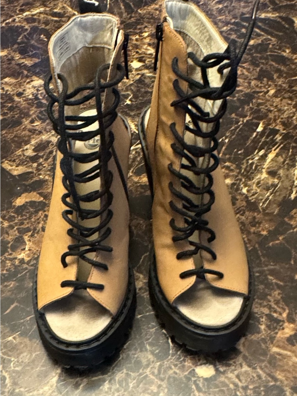 Dr. Martens Tan Open-Toe Lace-Up Combat Booties-size 6